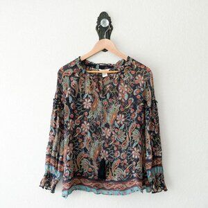 Sundance Silk Peasant Blouse Womens Small Floral Tassel Tie Sheer Boho Top